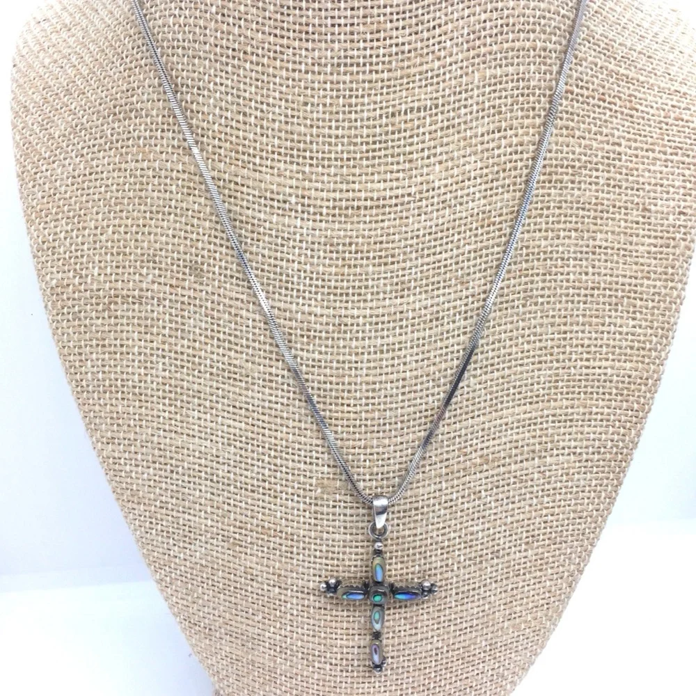 !!SOLD!! VINTAGE 925 STERLING SILVER ABALONE CROSS PENDANT NECKLACE CHAIN SHELL